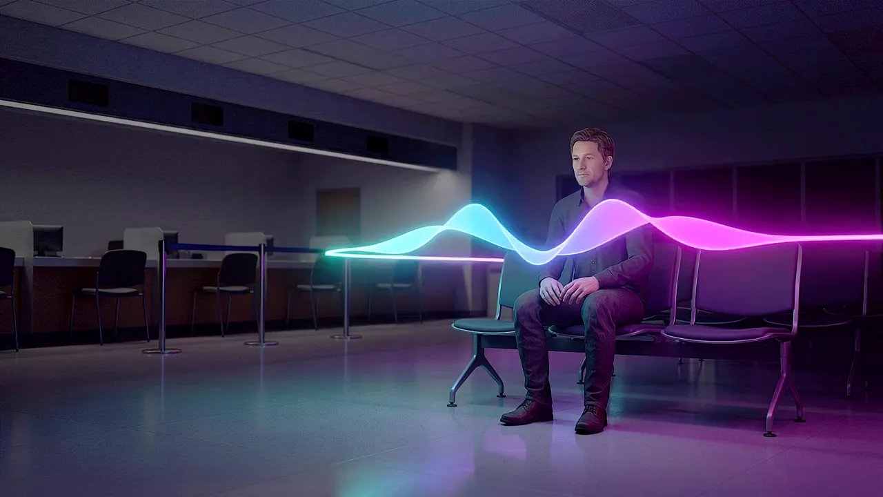 A man sits in the waiting area of a darkened service centre, a ribbon of light running across the frame and the counter dark behind him.