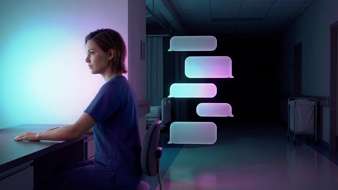 A nurse in scrubs sits in profile at a darkened ward station, a stack of glowing message panels beside her.
