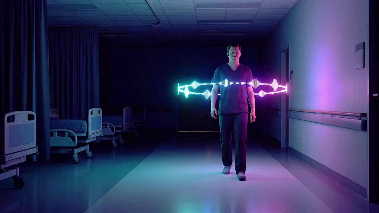 A nurse in scrubs walks toward the camera down a dark hospital corridor, a ribbon of light running across the frame.