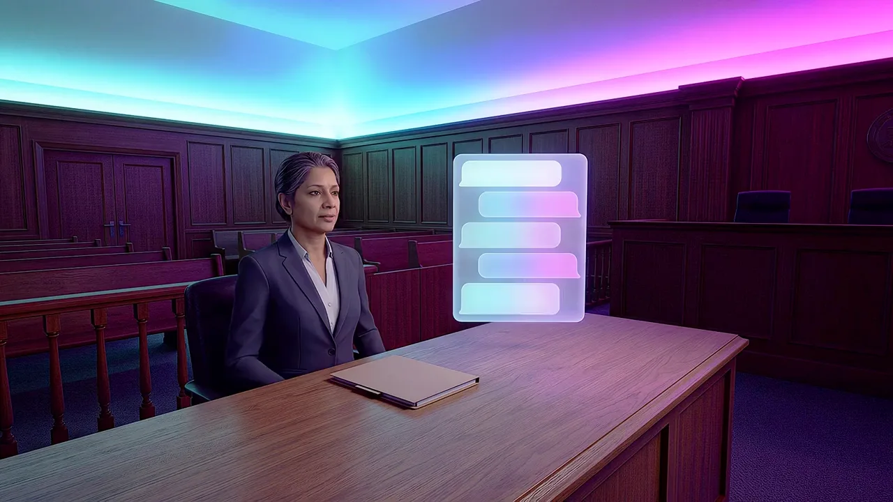 A woman in a suit sits at the bar table of an empty courtroom, a panel of glowing messages standing beside her.