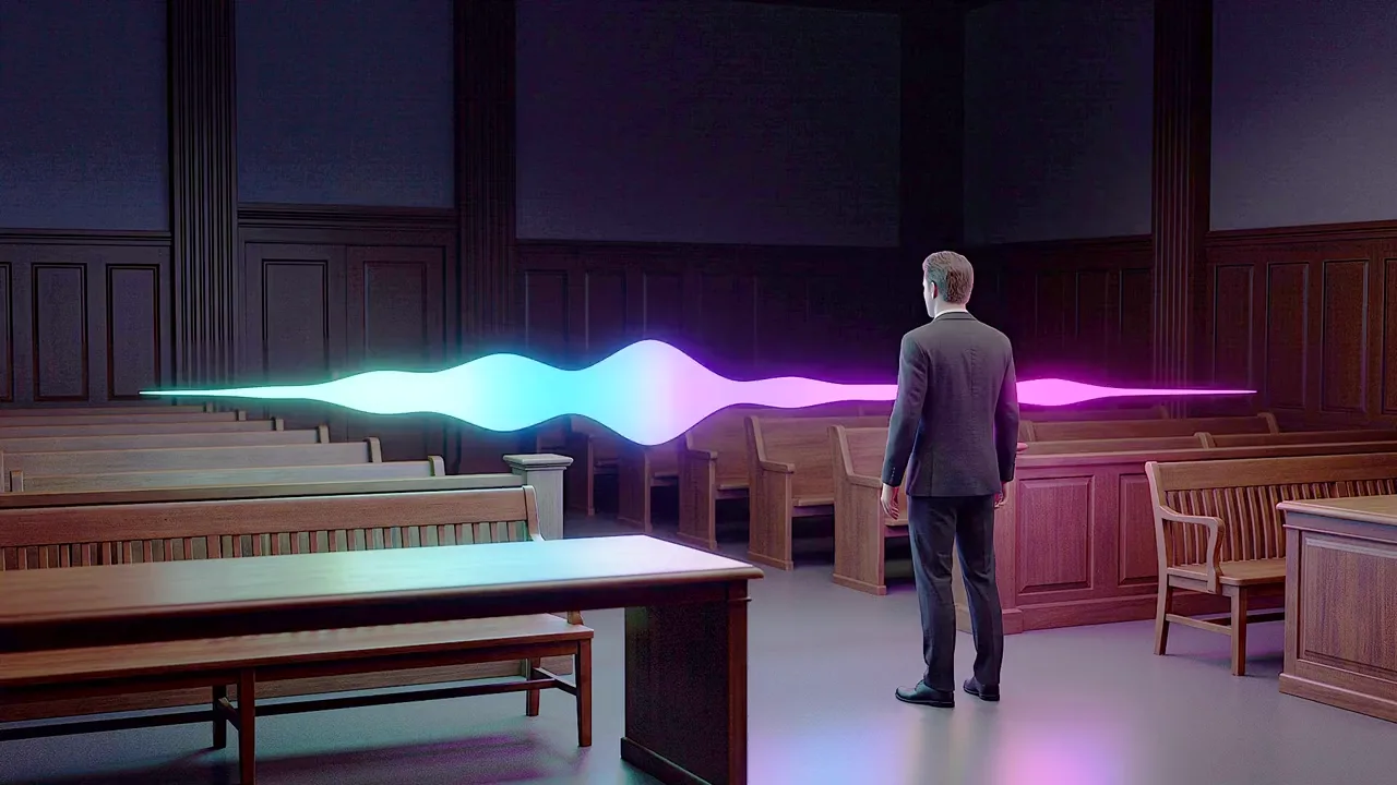 A man in a suit stands with his back to the empty public gallery of a courtroom, a ribbon of light running across the benches.