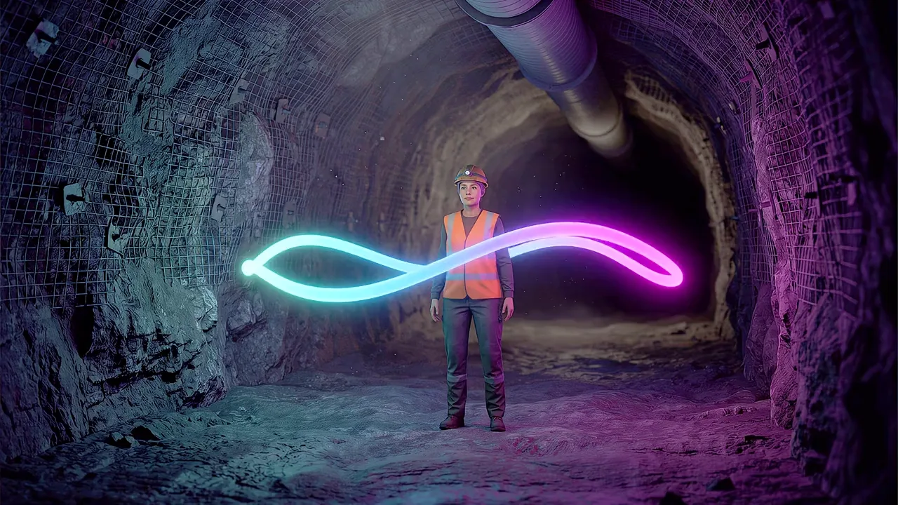 A miner stands small in the middle of an underground drive, dust hanging in the light, a ribbon of light curving through the tunnel.