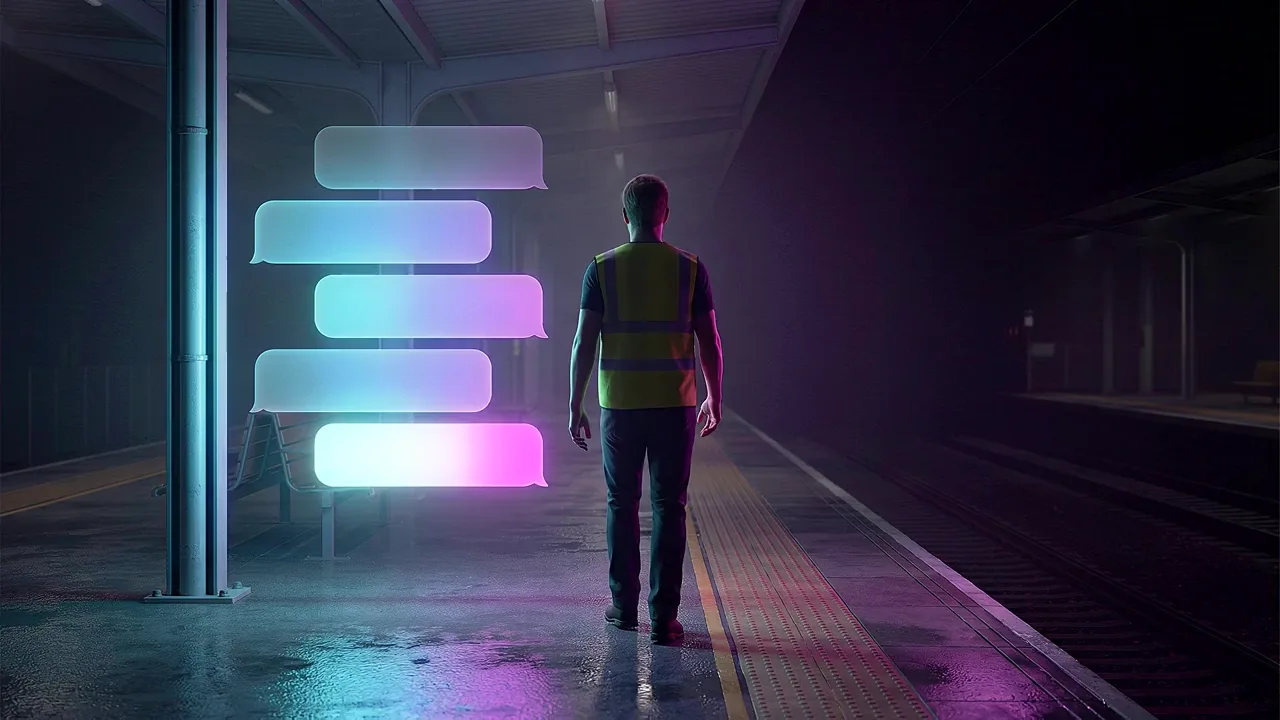 A worker in a hi-vis vest walks away down a dark railway platform, a stack of glowing message panels lit beside him.
