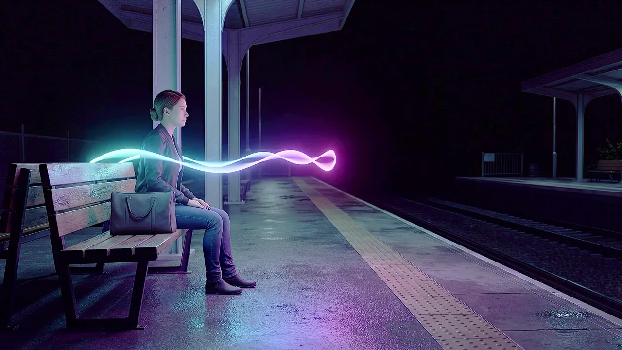 A woman sits on a bench on a dark railway platform, a ribbon of light unfurling across the frame in front of her.