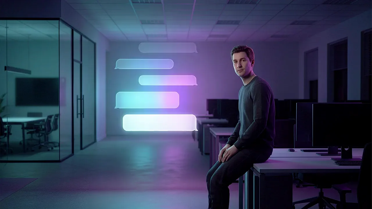A man perches on the edge of a desk on an empty open-plan floor at night, a stack of glowing message panels lit beside him.