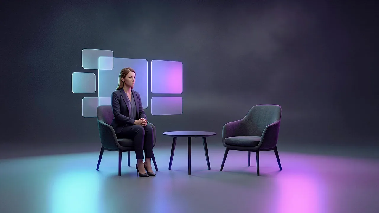 A woman sits in one of two chairs beside a low table in a dark studio, the second chair empty and glowing panels behind her.