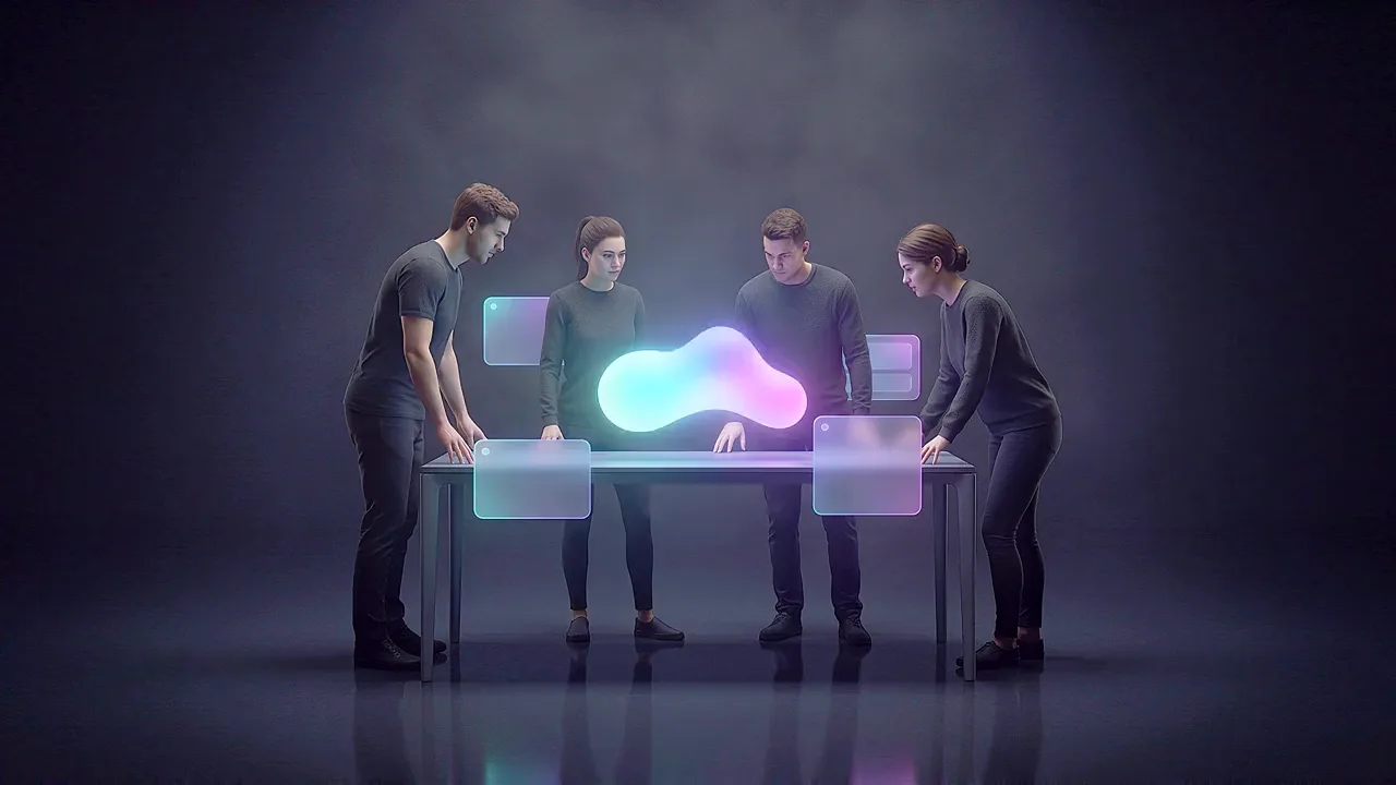 Four people lean over a table in a dark studio, lit from below by a glowing shape resting on it.