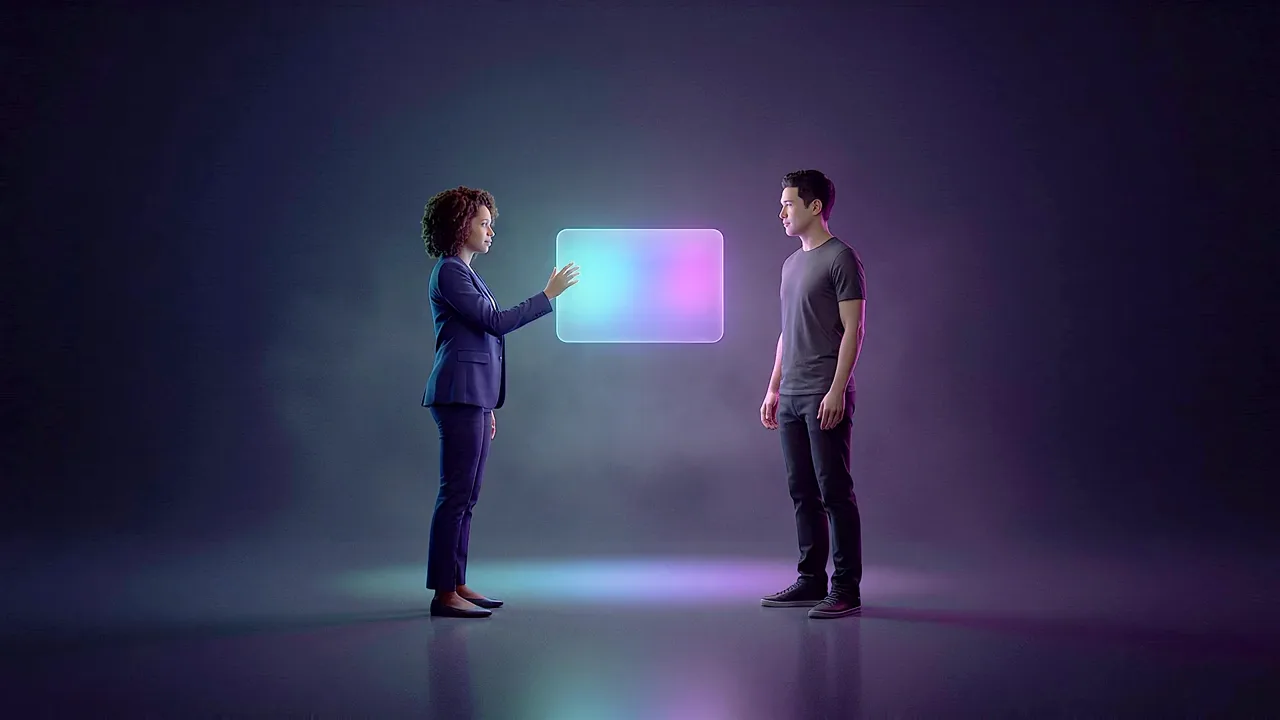 A woman in a suit and a man in a t-shirt stand facing each other in a dark studio, a single glowing panel held in the air between them.