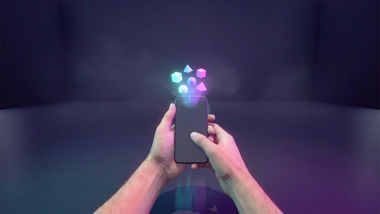 Two hands hold a plain phone in a dark room while small glowing shapes rise out of its screen.