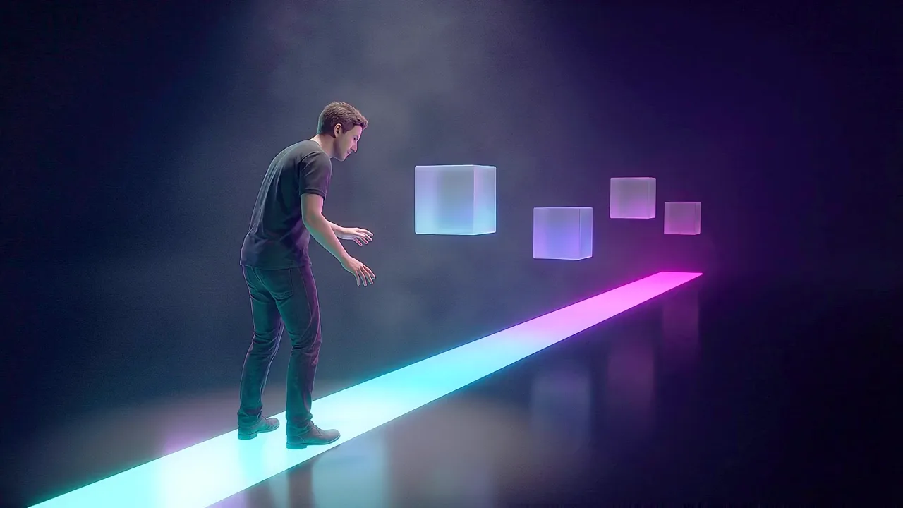 A man leans forward on a lit path in a dark studio, hands out in front of him, glowing cubes floating in the way ahead.