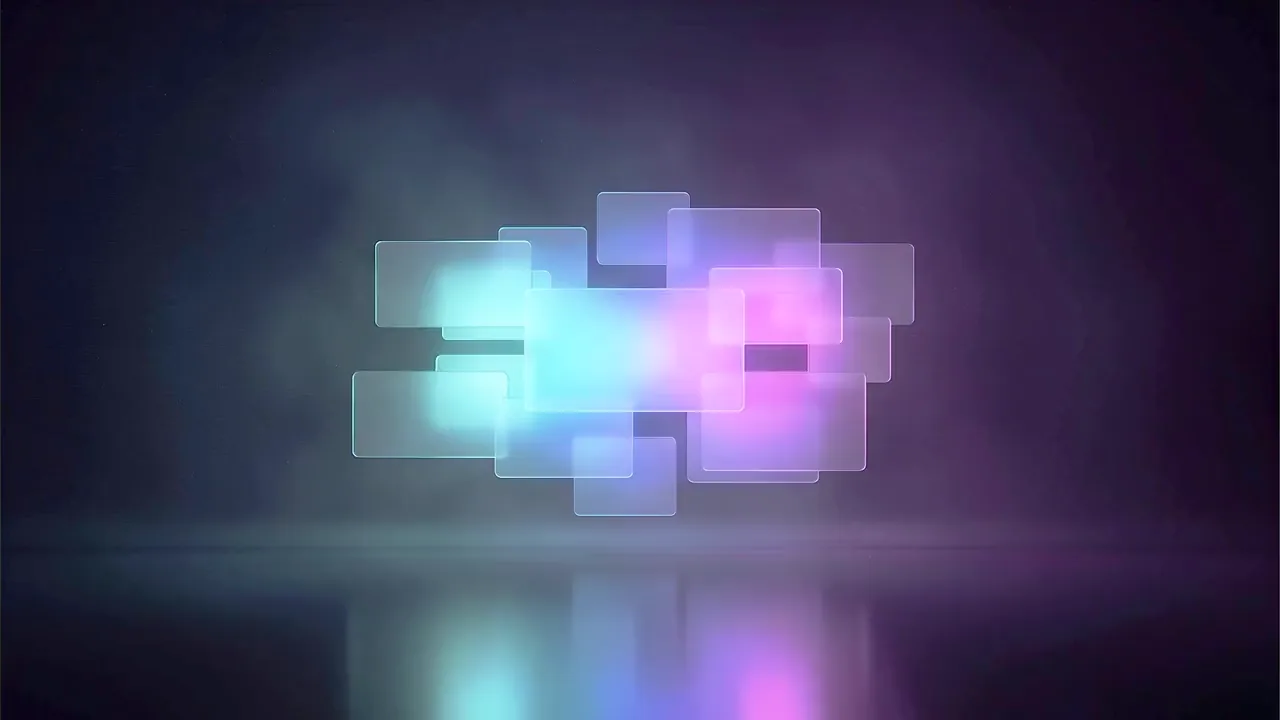A single stack of overlapping glowing panels stands still in a dark studio, reflected in the floor beneath it.