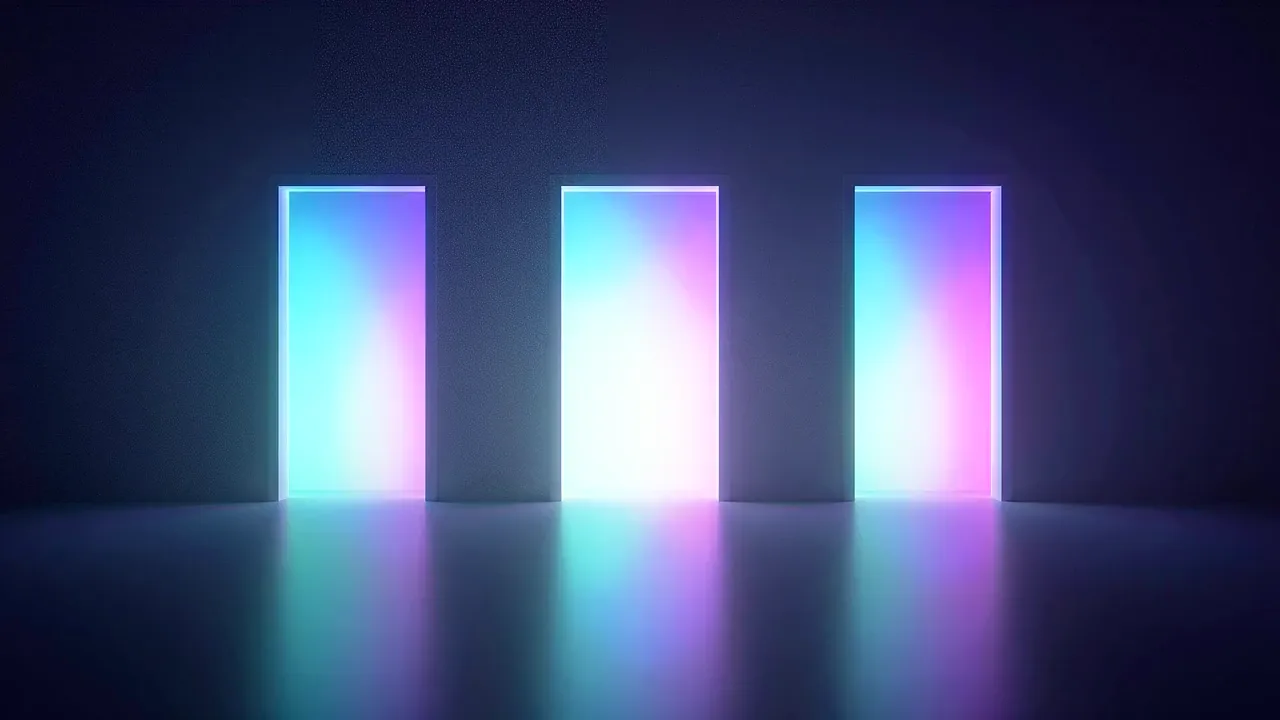 Three tall doorways of coloured light stand in a dark wall, the middle one brighter and wider open than the two beside it.