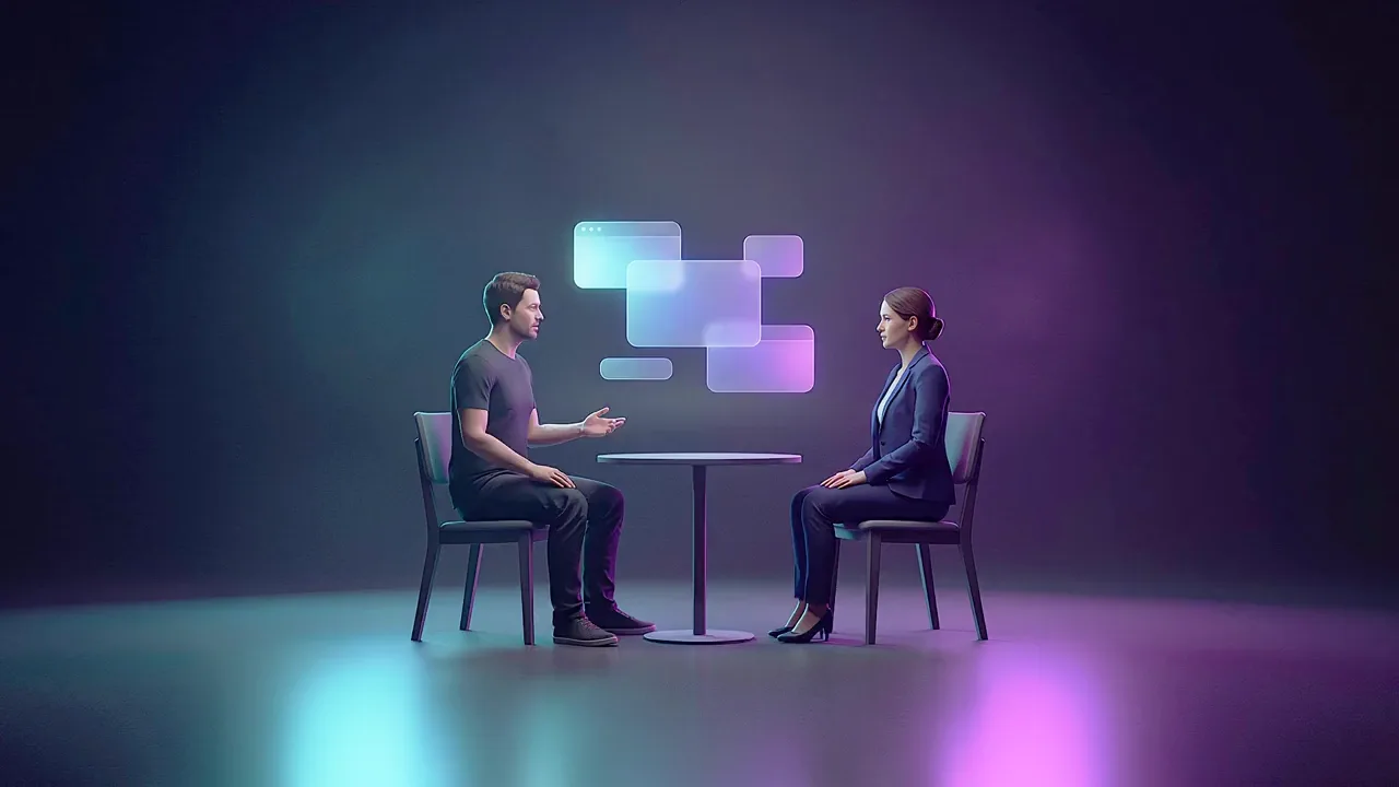 A man and a woman sit facing each other in two chairs beside a small round table in a dark studio, glowing panels floating in the air between them.