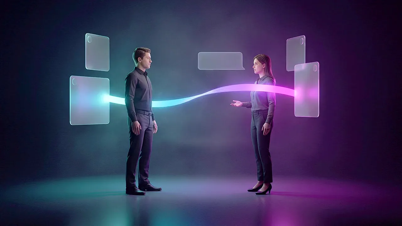 Two people stand facing each other in a dark studio, a ribbon of light running between them, brighter at the end where the speaker is.