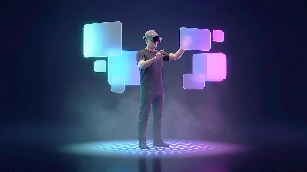 A man wearing a VR headset stands on a lit floor grid in a dark studio, both arms raised toward glowing panels around him.