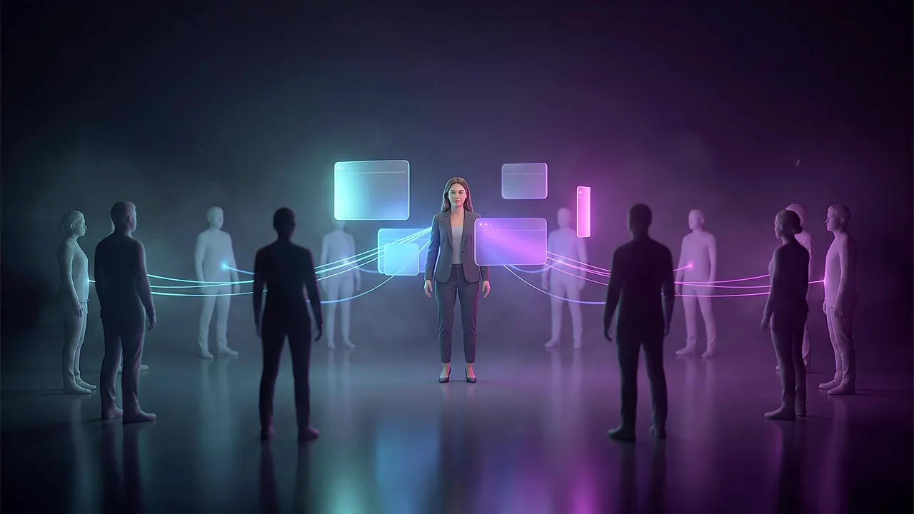 A woman stands at the centre of a dark studio, a ring of shadowed figures around her and threads of light linking each one to her.