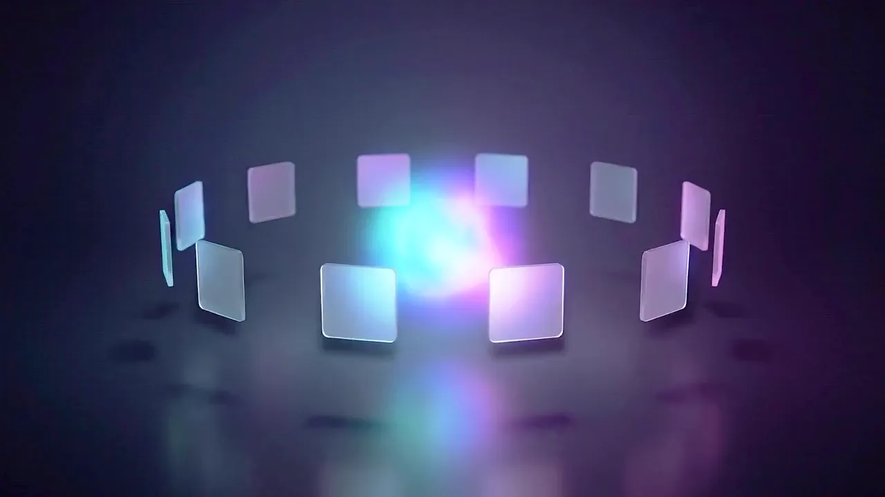Blank glass cards float in a ring around a bright core in a dark studio, with nobody in the frame.