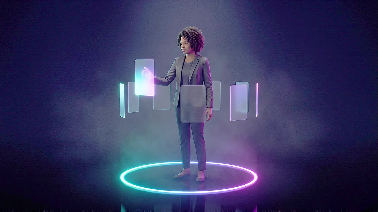 A woman stands inside a lit ring on a dark floor, glass cards around her, one hand resting on a single card.