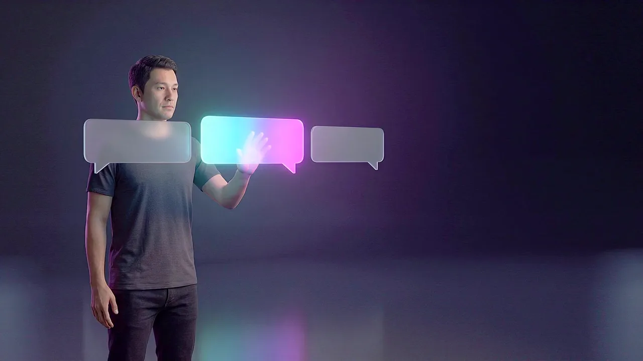 A man reaches into a row of glowing message panels in a dark studio, one of them lit brighter than the rest.