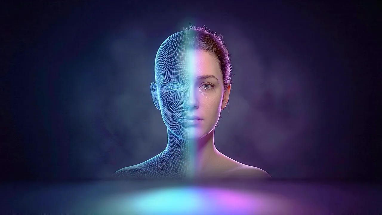 A face lit in a dark studio, one half a glowing wireframe and the other half skin, split down the centre.