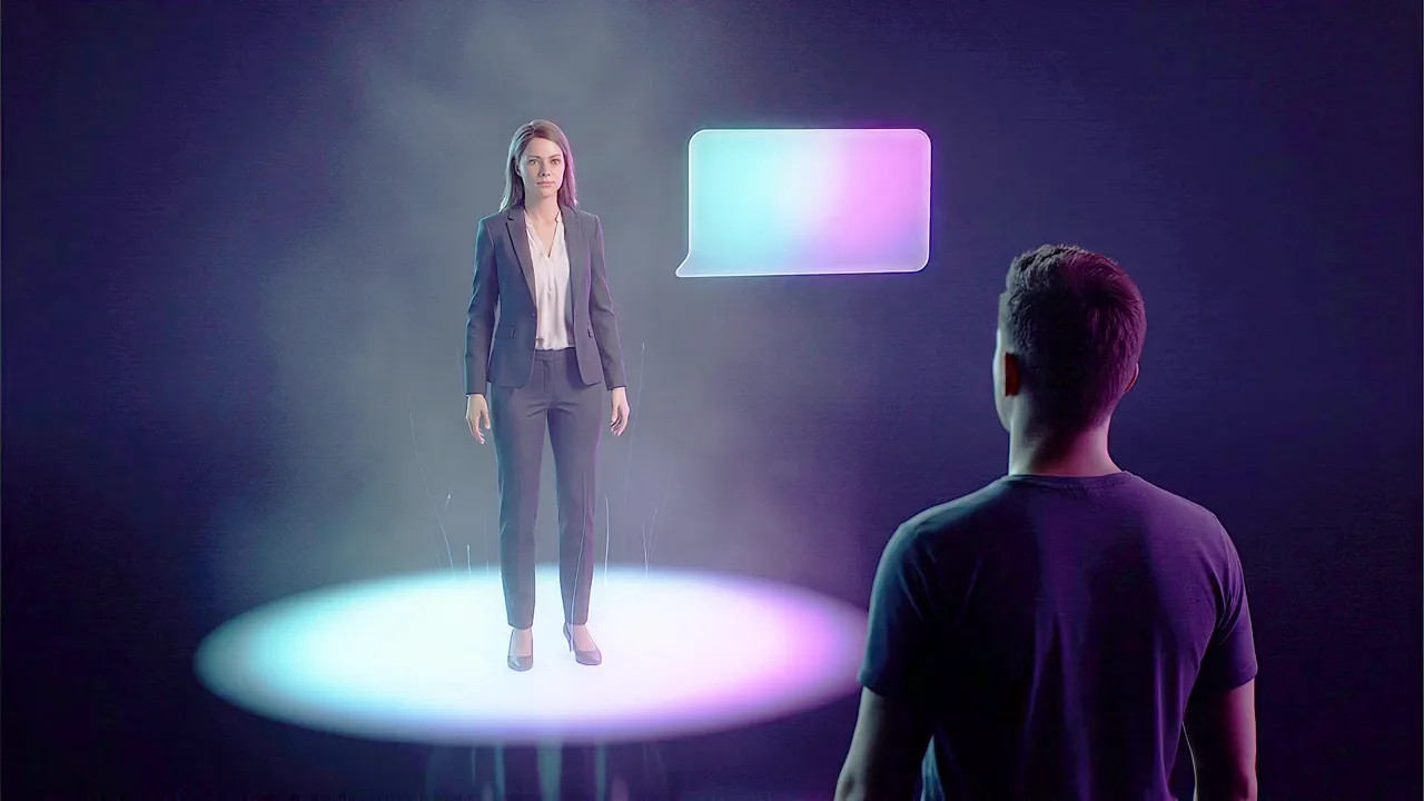 A woman stands at full height on a pool of light in a dark studio, a visitor watching her in silhouette from the foreground.