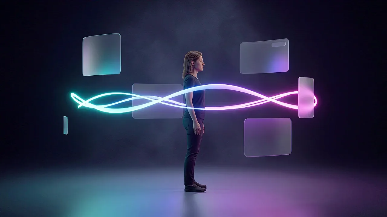 A woman stands in profile in a dark studio, a ribbon of light running the width of the frame as she listens.