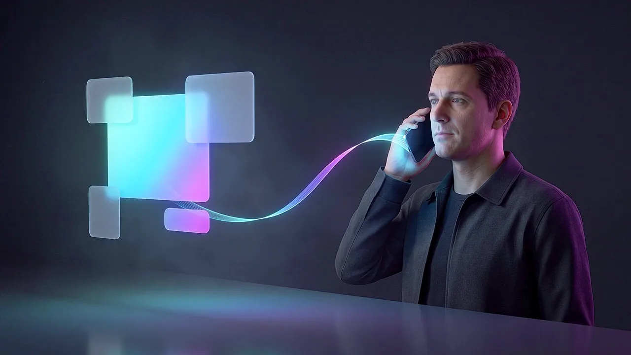 A man holds a phone to his ear in a dark studio, a ribbon of light running from a stack of message panels to the handset.