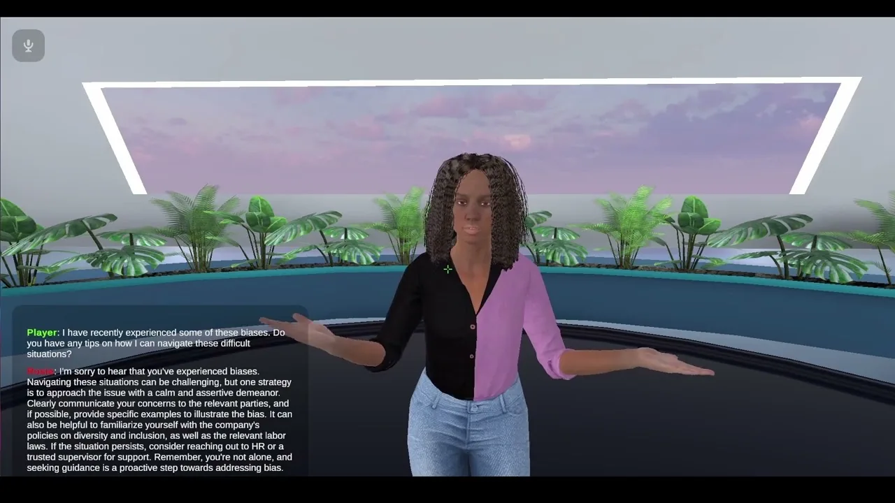 A guide appears on a screen beside a participant wearing a headset.