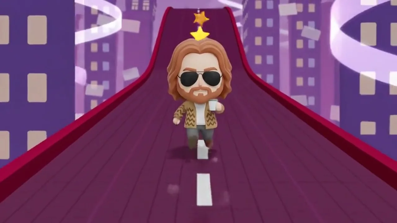 The CREATE lane on PTR Labs Demos: a chibi character modelled on PTR's co-founder runs toward the camera through Scope Creep Sprint's world, leaping an office chair and a jammed printer