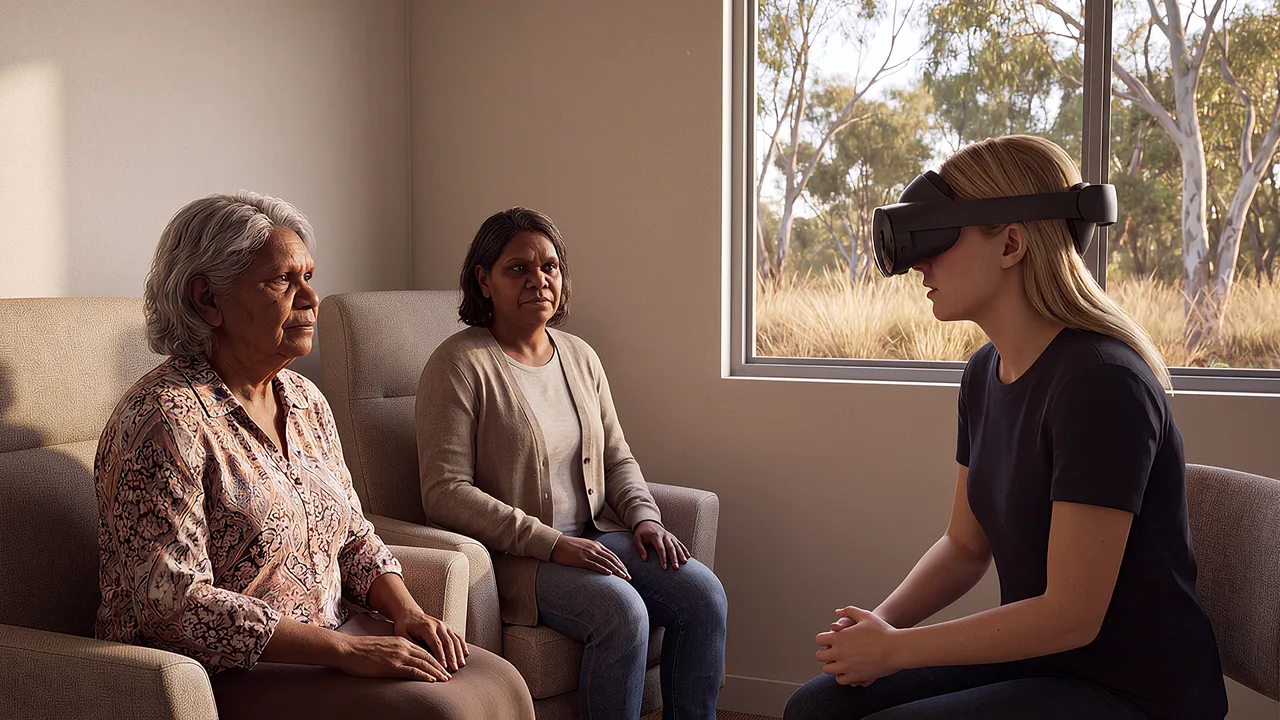 An elder sits in the good chair with her daughter beside her in a simulated regional aged-care room; a care coordinator in the headset listens rather than leads.