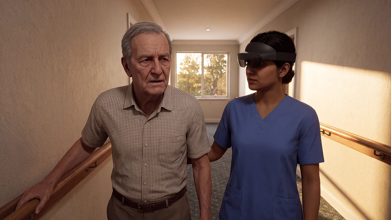A simulated aged-care hallway. A man in his mid-eighties stands holding the rail as a carer wearing the headset approaches.