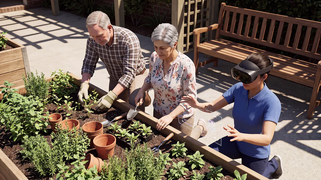 A simulated garden bed, morning sun over herbs and terracotta pots. Two residents in their seventies work at the bed while a lifestyle coordinator in the headset kneels nearby.