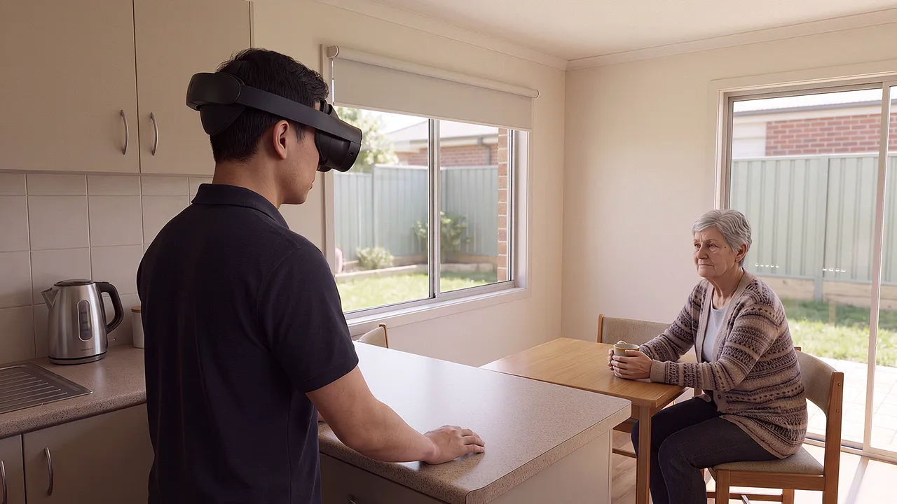 A simulated suburban kitchen in an older person's home. A support worker wears the headset at the bench while the resident sits at the table.