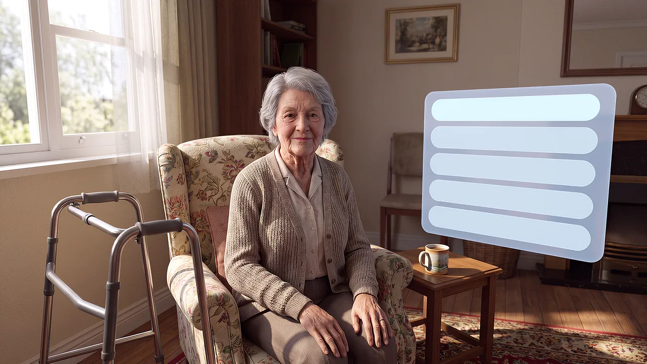 An older woman sits in her armchair beside her walker in a simulated front room, a prompt panel floating across the room.