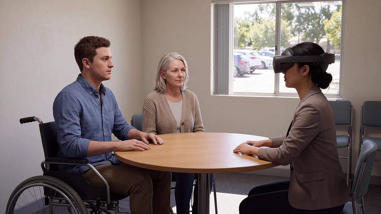 A simulated community-services meeting room. A man in his wheelchair leads the conversation, his mother beside him, a planner wearing the headset opposite.