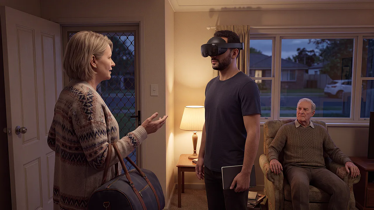 In a front room at dusk, a woman with a bag over her arm talks to a worker wearing a headset and holding a notebook, an older man watching from his armchair.