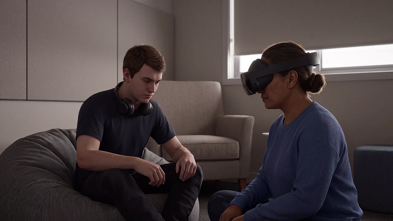 Aged care and disability. A support worker at a young man's eye level: she wears a headset, sitting low beside him in a dim, calm room.