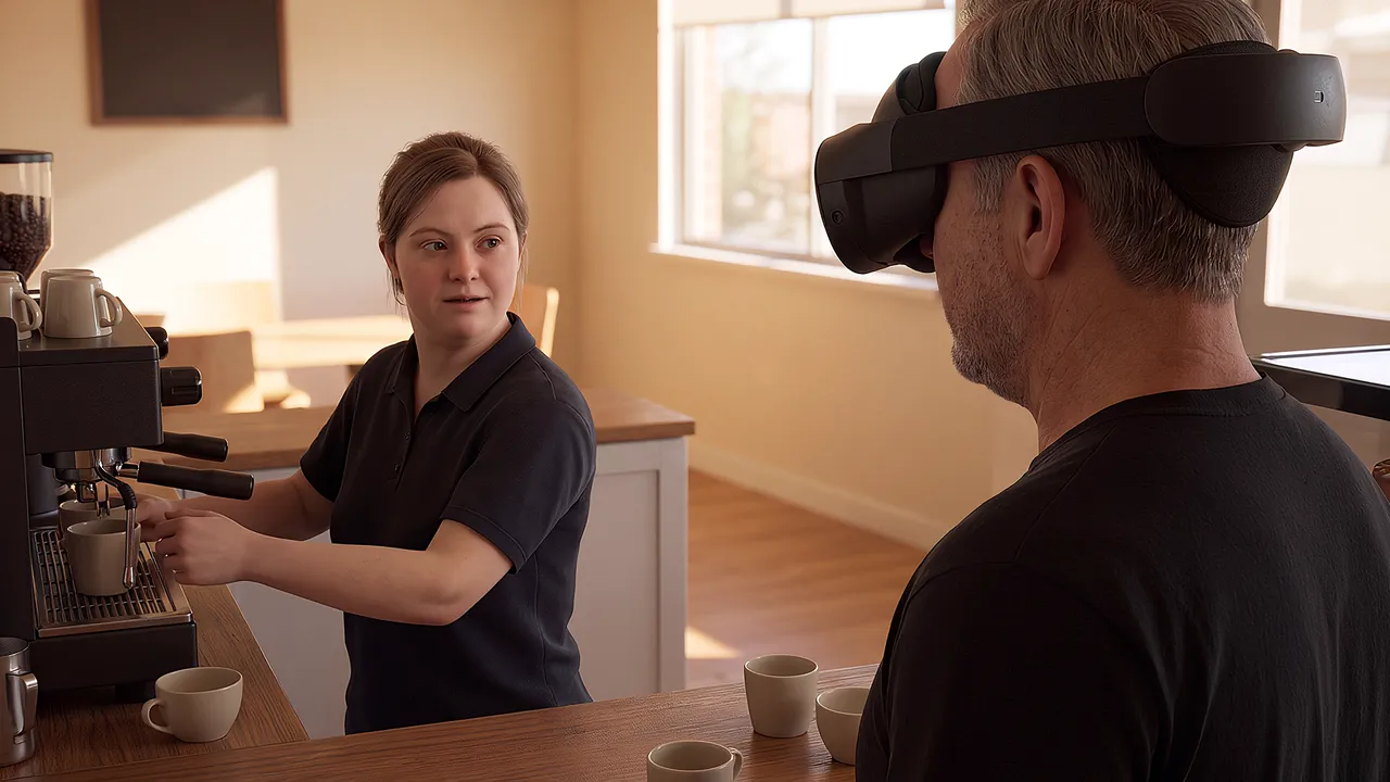 A simulated cafe, a coffee machine on a timber counter. A young woman with Down syndrome works the counter as a supervisor in the headset stands to one side.