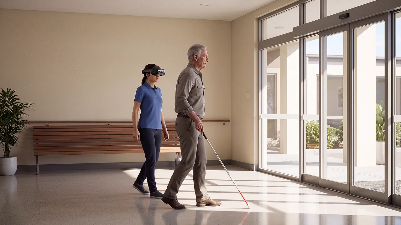 A blind man in his seventies walks with a long cane through an aged-care entrance foyer, an orientation worker beside him.