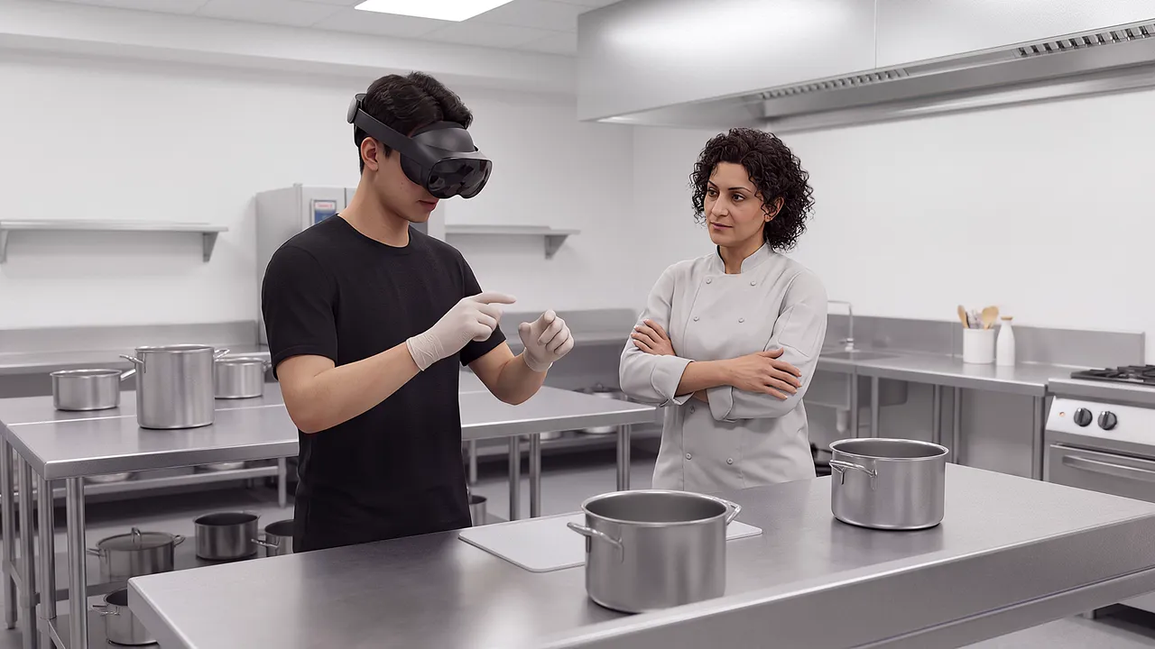 A simulated commercial training kitchen, stainless benches and plain pans. A young apprentice in the headset works at a bench while a chef instructor stands at the pass, arms folded.