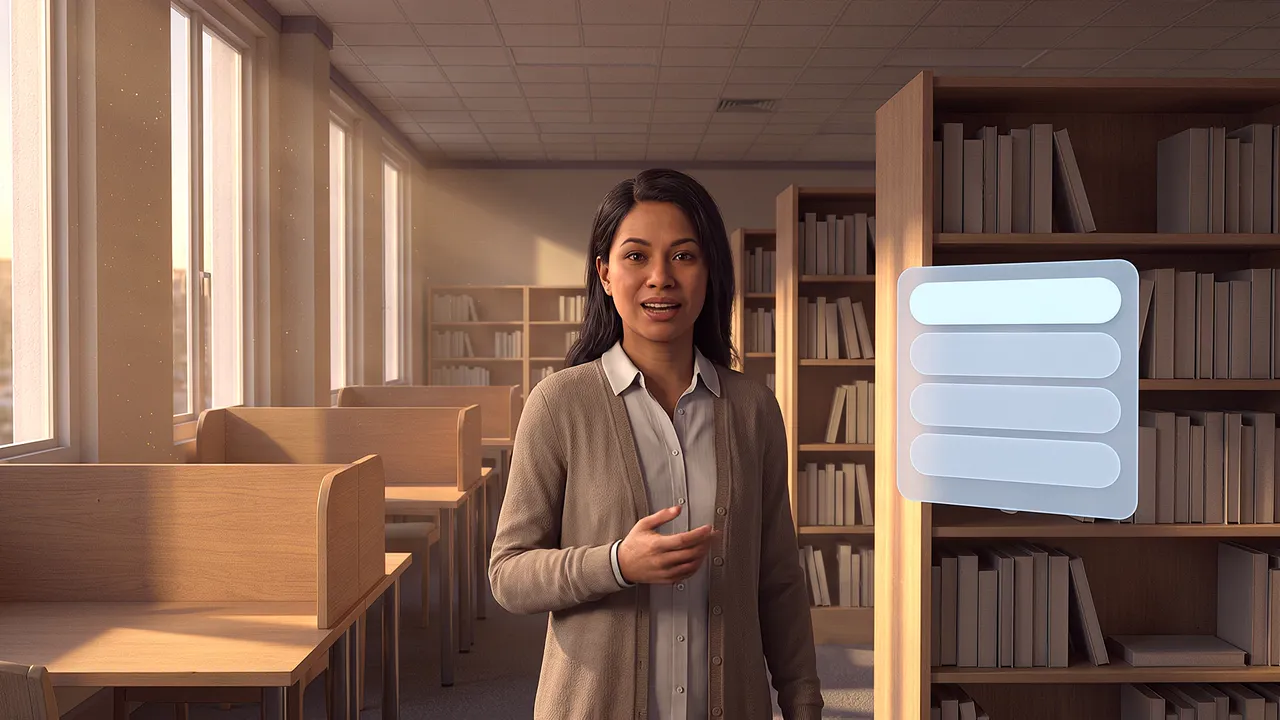 A first person view in a school library, a librarian gesturing beside the shelves with an option panel nearby.