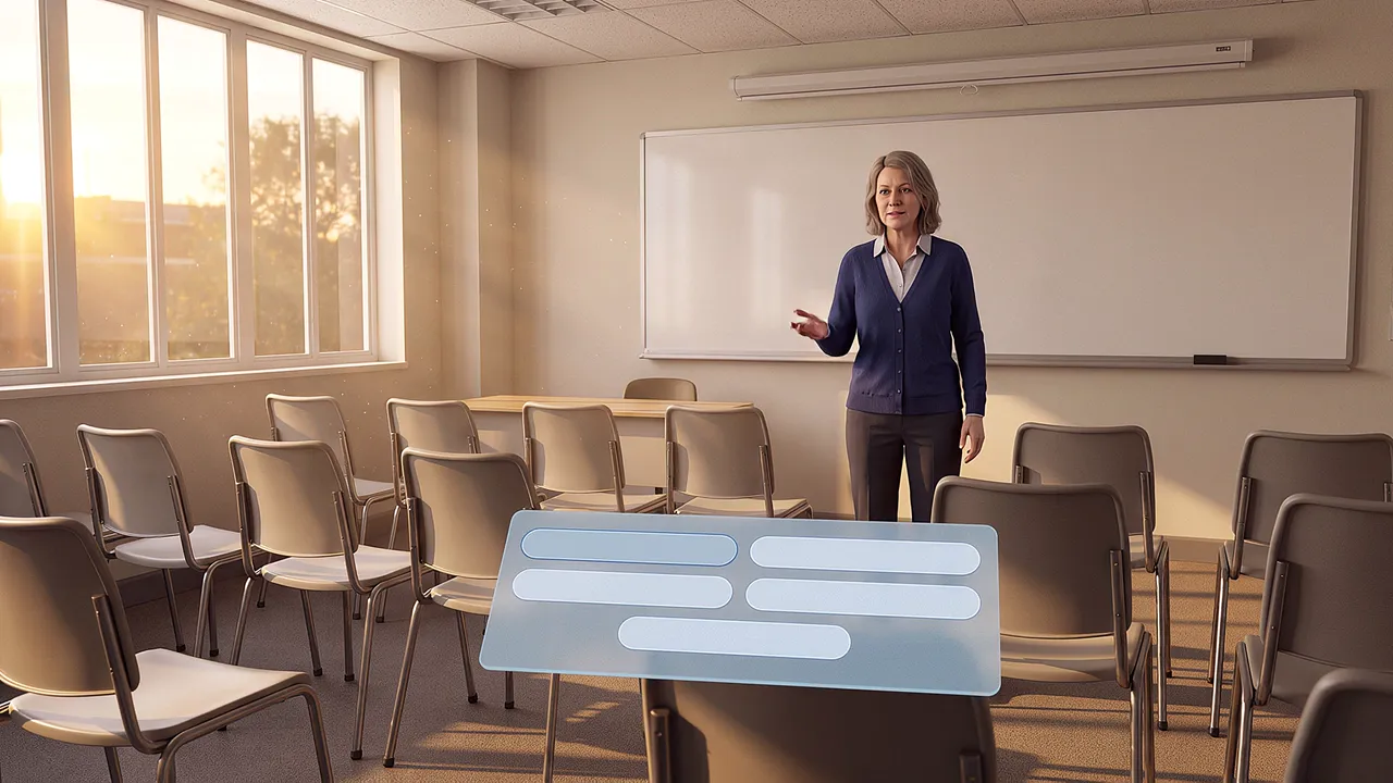 Education. A school staff workshop, seen from inside the simulation: a facilitator addresses rows of empty chairs, a prompt panel floating in the foreground.