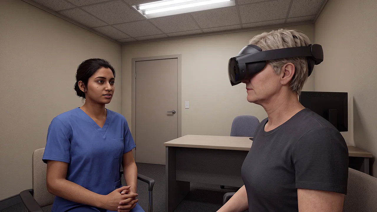 A simulated office on a hospital ward, two chairs facing each other. A nursing student sits with hands in her lap as her supervisor wears the headset opposite, giving feedback.