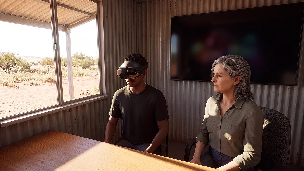 A tutorial held in a remote classroom, nobody travelling to attend. A VR training scenario for education.