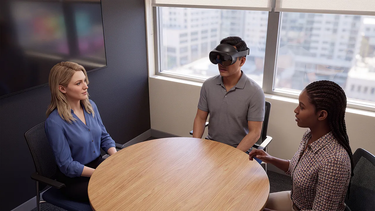 Colleagues sit at a round table in a simulated meeting room, a man in the middle wearing the headset.