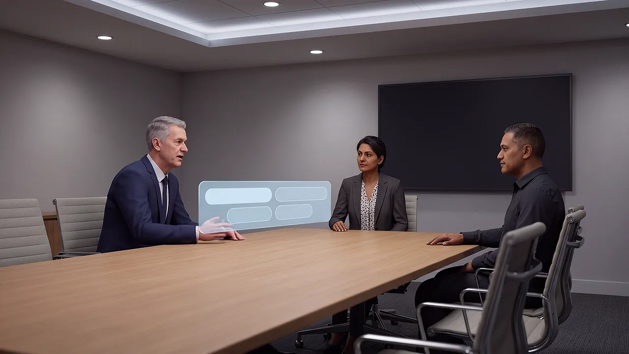 Inside the simulation: three executives sit at the far end of a boardroom table facing the viewer, one mid-sentence, two listening.