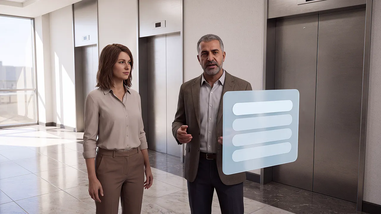 A lift lobby in a commercial tower, seen through the headset: two colleagues wait by the doors, one mid-remark, a panel of reply choices floating beside them.