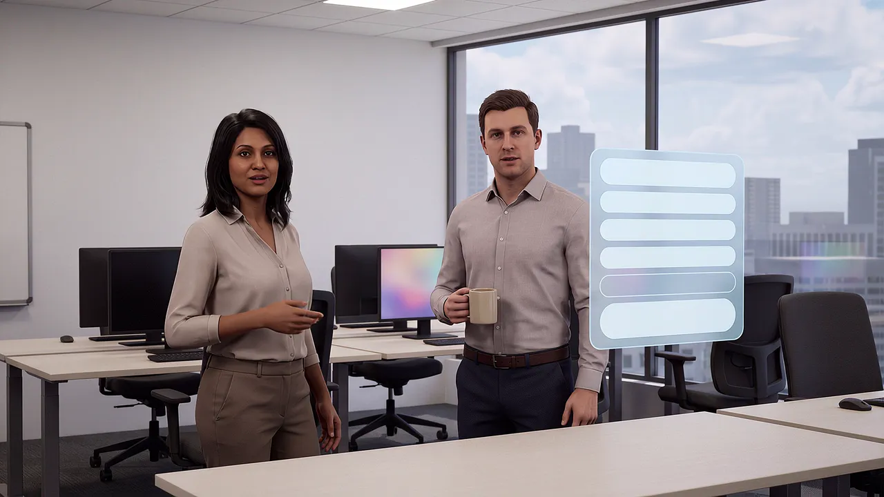 An open-plan office, colleagues at a desk, a remark about to interrupt.