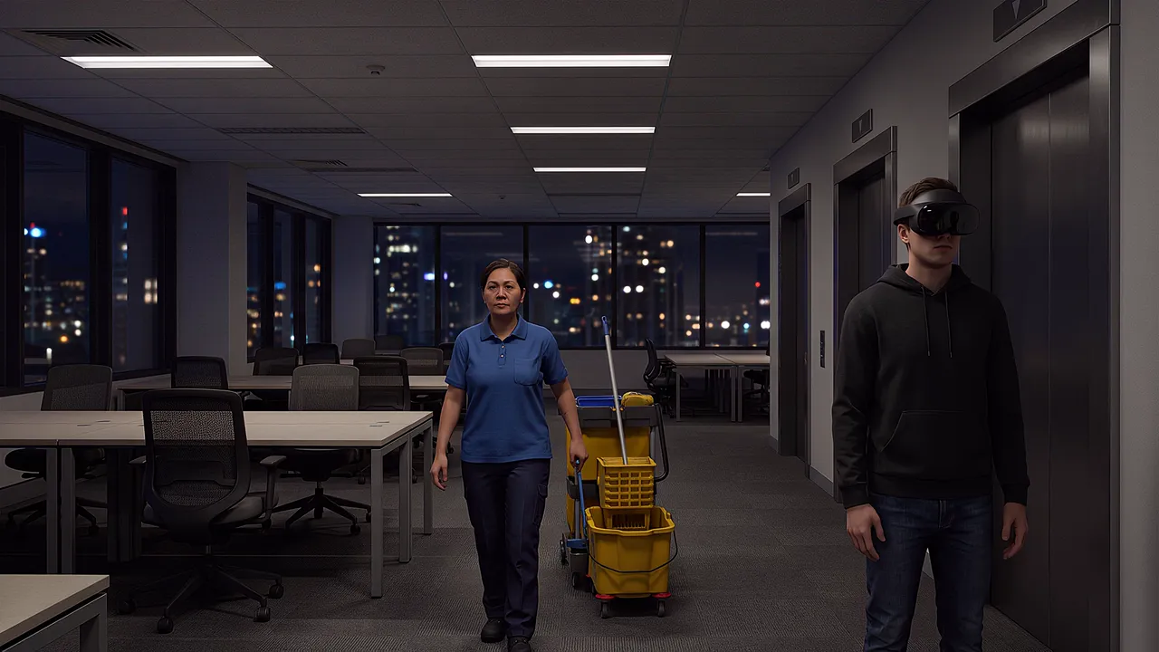 A cleaner pushes a cart down a darkened office floor at night, a headset-wearing colleague nearby.