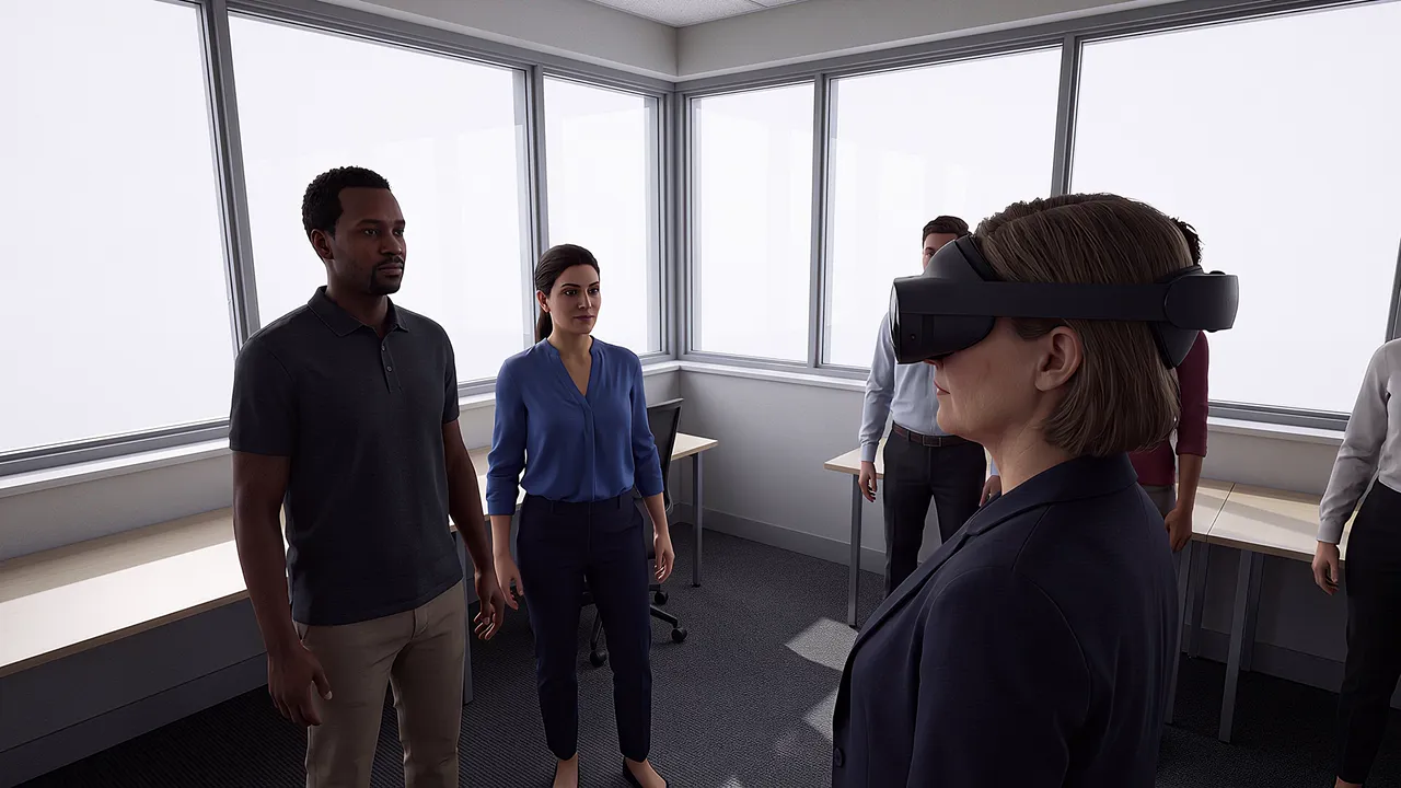 Enterprise and workplace. A leader briefing staff on a restructure: a headset-wearing leader addresses colleagues gathered in an office meeting space.